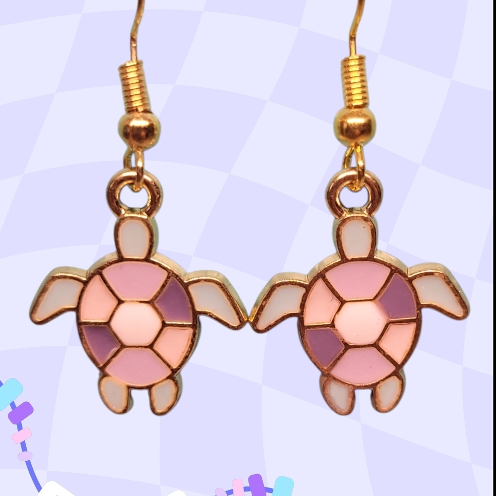 Lavender Turtle Drop Earrings – Gold Tone